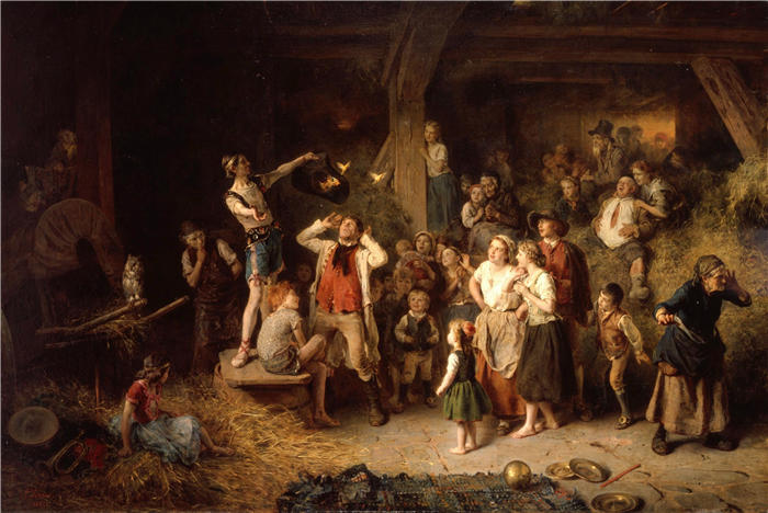 路德维希·克瑙斯（Ludwig Knaus，德国画家）高清作品-《谷仓里的魔术师 (1862)》