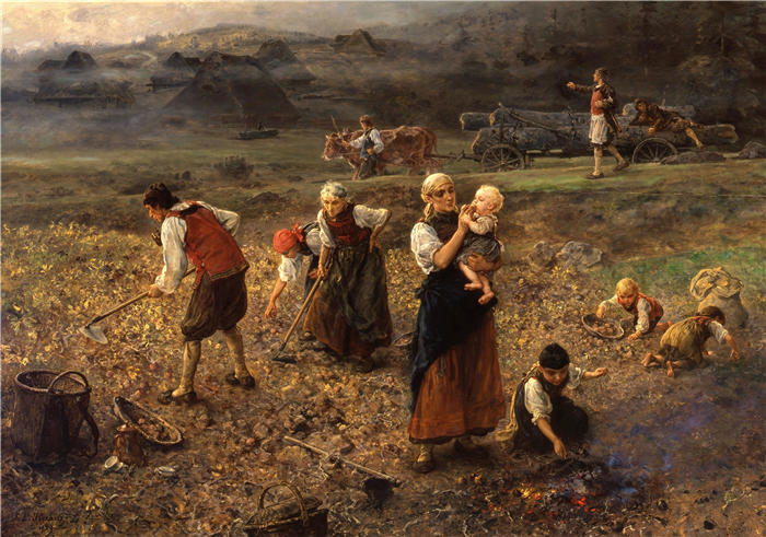 路德维希·克瑙斯（Ludwig Knaus，德国画家）高清作品-《马铃薯收获（1889 年）》
