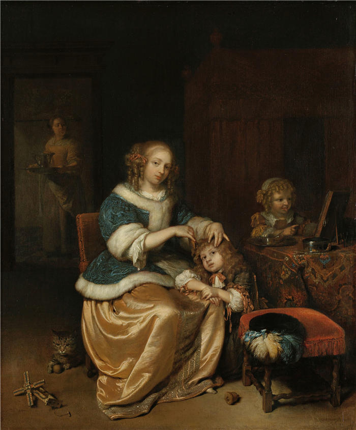 卡斯珀·内舍尔（Caspar Netscher，荷兰画家）高清作品-《母亲为孩子梳理头发（1669 年）》