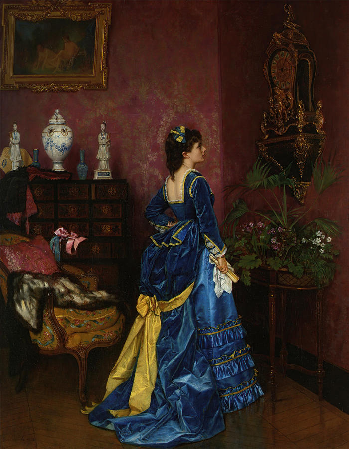 奥古斯特·图尔穆什（Auguste Toulmouche，法国画家）高清作品-《蓝袍（约 1870 年）》