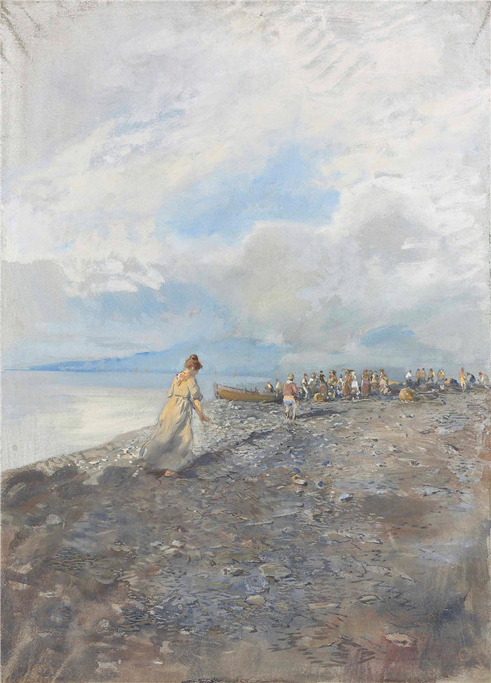 蓬佩奥·马里亚尼 (Pompeo Mariani，意大利画家) 高清作品-《苏拉 spiaggia di Bordighera (1909)》