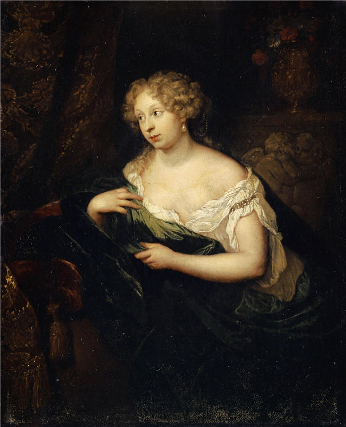 卡斯珀·内舍尔（Caspar Netscher，荷兰画家）高清作品-《镜子前的女士（1681）》