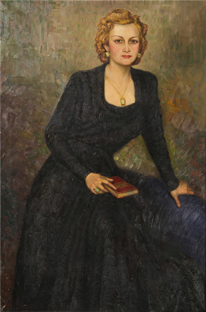 雨果·博廷格（Hugo Boettinger ，捷克画家，1880-1934）作品-一位女士的肖像