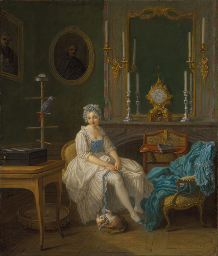 艾蒂安热拉（ Etienne Jeaurat，法国画家）高清作品-《闺房的内部，一位身穿白色和蓝色连衣裙的女士（1769 年）》