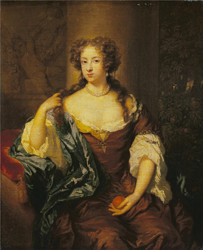 卡斯珀·内舍尔（Caspar Netscher，荷兰画家）高清作品-《带橙子的女士肖像（1681 年）》