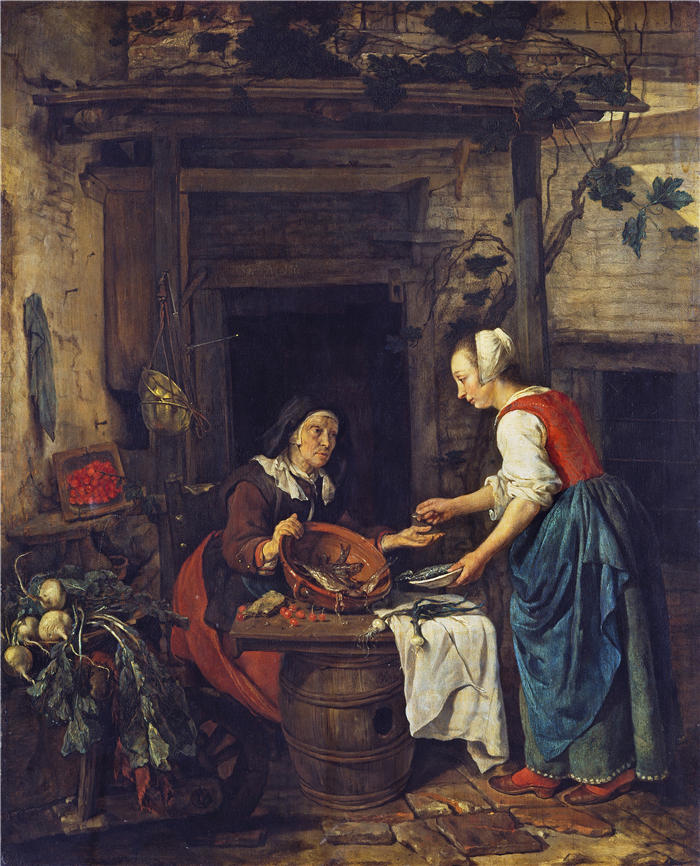 加布里埃尔·梅苏（Gabriël Metsu，荷兰画家）高清作品-《卖鱼的老妇人 (1657 - 1662)》