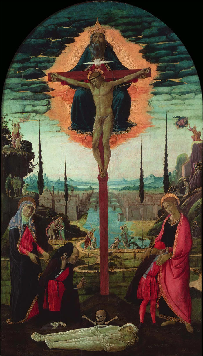哈科波·德尔·塞拉里奥(Jacopo del Sellaio,意大利画家)作品-献祭祭坛画-三位一体,圣母,圣约翰和捐赠者