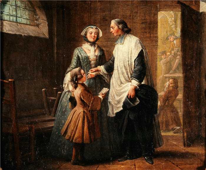 小皮埃尔·路易斯·杜梅尼尔(Pierre Louis Dumesnil the Younger 法国画家)作品-方丈接待姐姐带来的孩子1750