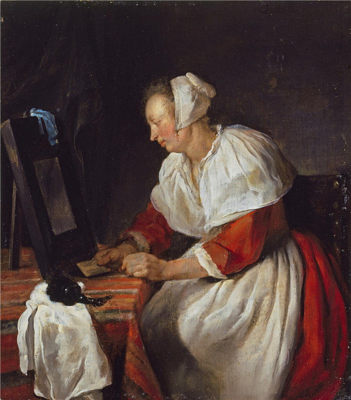加布里埃尔·梅苏（Gabriël Metsu，荷兰画家）高清作品-《镜子前的女人 (1657 - c.1662)》