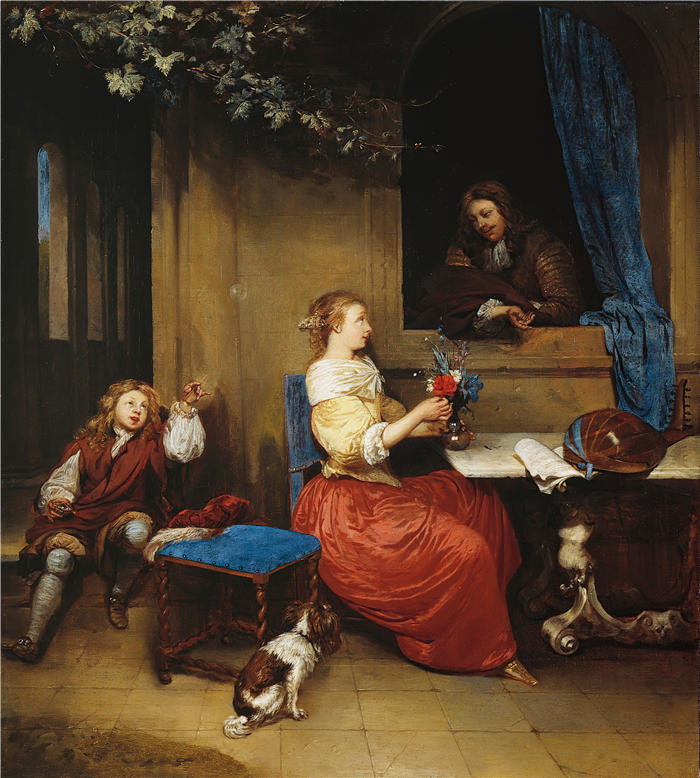卡斯珀·内舍尔（Caspar Netscher，荷兰画家）高清作品-《求爱（约 1665 年）》