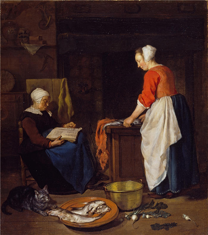 加布里埃尔·梅苏（Gabriël Metsu，荷兰画家）高清作品-《睡着的老妇人 (1657 - c.1662)》