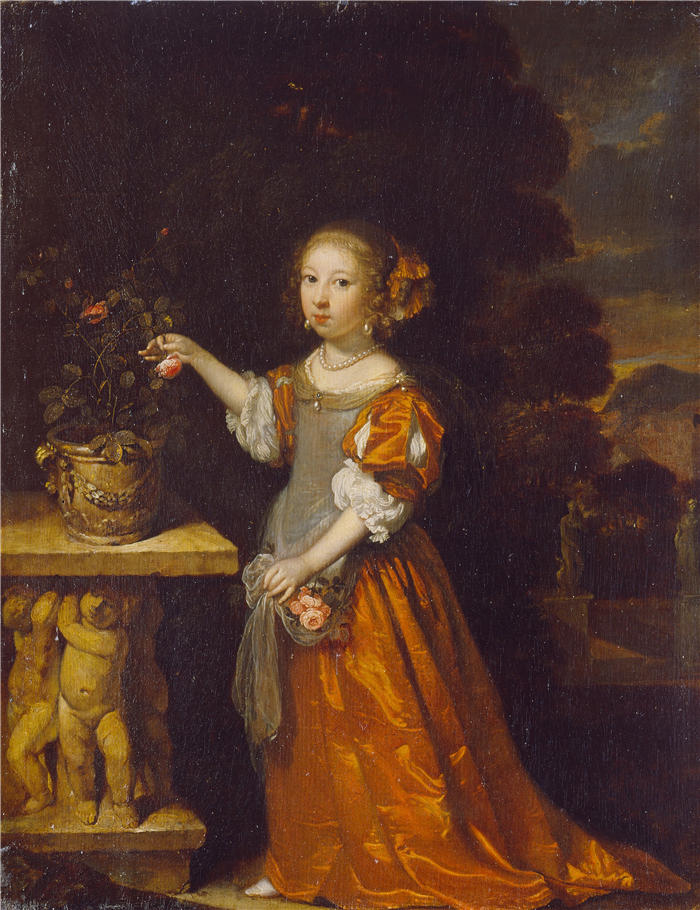 卡斯珀·内舍尔（Caspar Netscher，荷兰画家）高清作品-《采玫瑰的孩子（1669）》