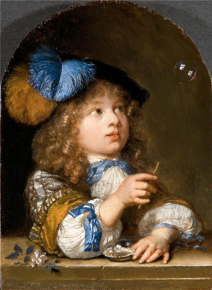 卡斯珀·内舍尔（Caspar Netscher，荷兰画家）高清作品-《吹泡泡的男孩 (1670)》