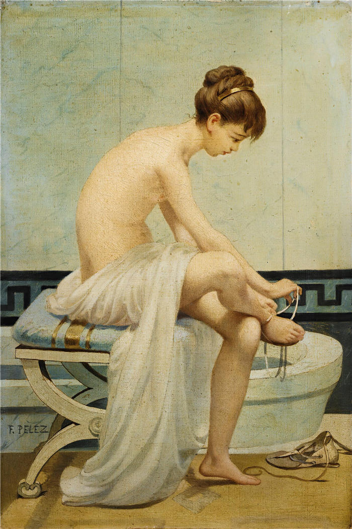 费尔南德·佩雷斯（Fernand Pelez，法国画家）高清作品-《沐浴前，年轻的罗马女孩》