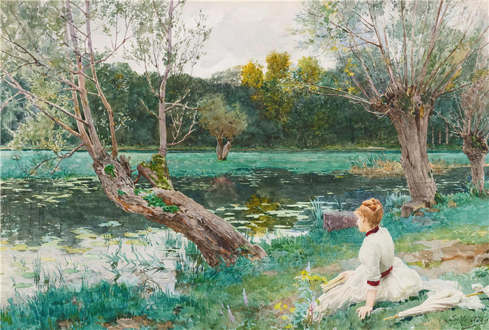 路易斯·埃米尔·阿丹（Louis Emile Adan，法国画家，1839 - 1937）作品-池塘边的小姑娘