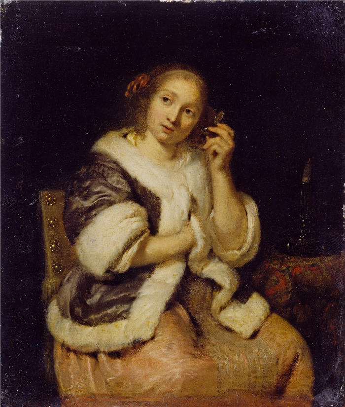 卡斯珀·内舍尔（Caspar Netscher，荷兰画家）高清作品-《戴手表的女士（约 1669 年）》