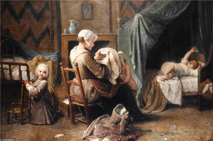 小皮埃尔·路易斯·杜梅尼尔（Pierre Louis Dumesnil the Younger 法国画家)作品-女仆给孩子们穿衣服的房间（1750年）