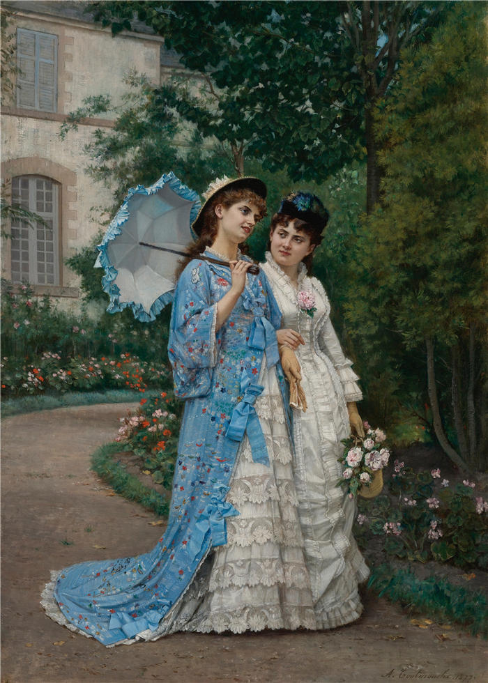 奥古斯特·图尔穆什（Auguste Toulmouche，法国画家）高清作品-《花园漫步（1877）》