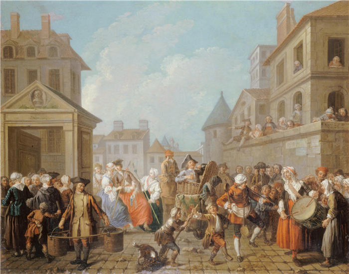 艾蒂安热拉（ Etienne Jeaurat，法国画家）高清作品-《巴黎街狂欢节 (1757)》