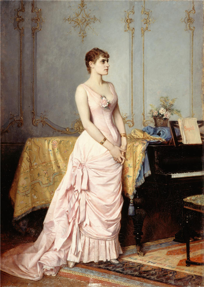 奥古斯特·图尔穆什（Auguste Toulmouche，法国画家）高清作品-《玫瑰卡隆肖像（1857-1890），女歌手。(1886)》