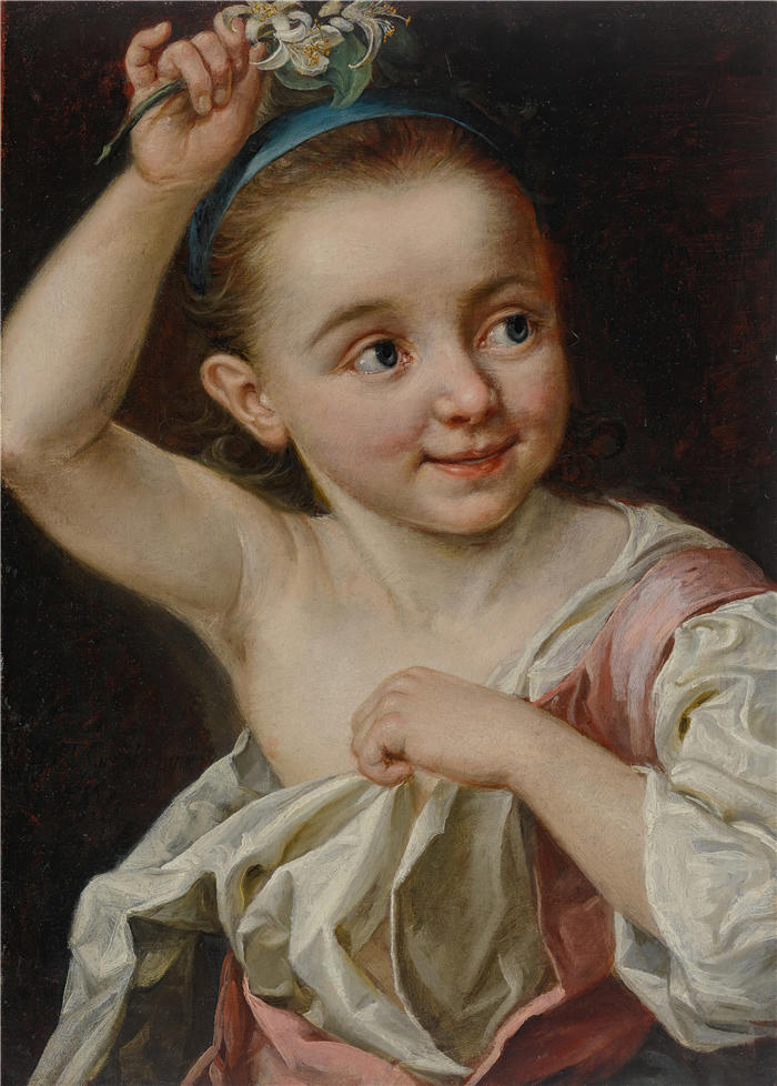 约翰·尼古拉斯·格罗斯（ Johann Nikolaus Grooth，德国画家）作品-拿着花的年轻女孩 (1767)
