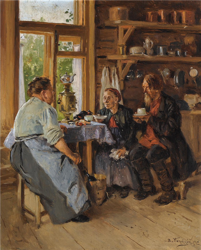 弗拉基米尔·叶戈罗维奇·马科夫斯基（Vladimir Egorovich Makovsky，俄罗斯画家）作品-《拜访厨师 (1912)》