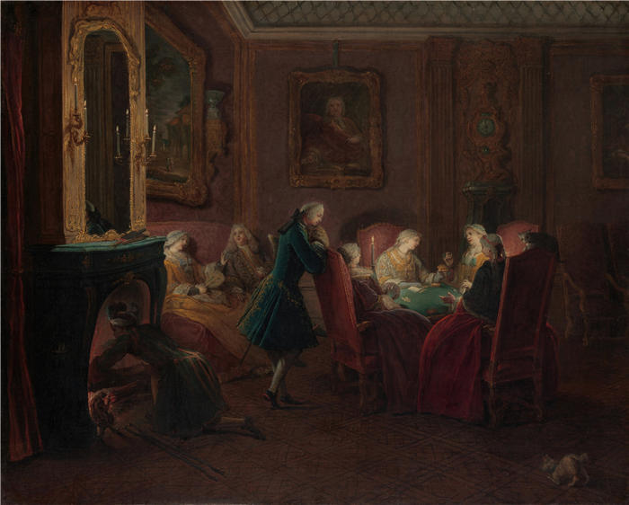 小皮埃尔·路易斯·杜梅尼尔(Pierre Louis Dumesnil the Younger 法国画家)作品-客厅里的纸牌玩家