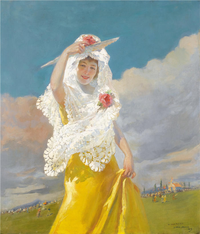 胡里奥·维拉和普拉德斯（Julio Vila y Prades ，西班牙画家）作品-Española Con Mantilla（白色 Mantilla）（1913 年）