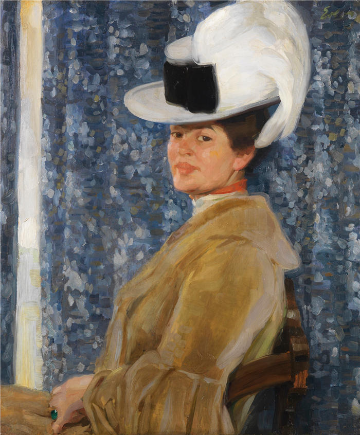 弗里茨·厄勒（Fritz Erler，德国画家）高清作品-《安娜·埃勒戴羽毛帽的肖像（1910）》