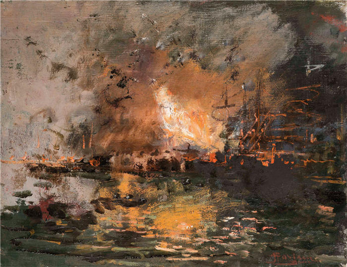 蓬佩奥·马里亚尼 (Pompeo Mariani，意大利画家) 高清作品-《船在港口着火》
