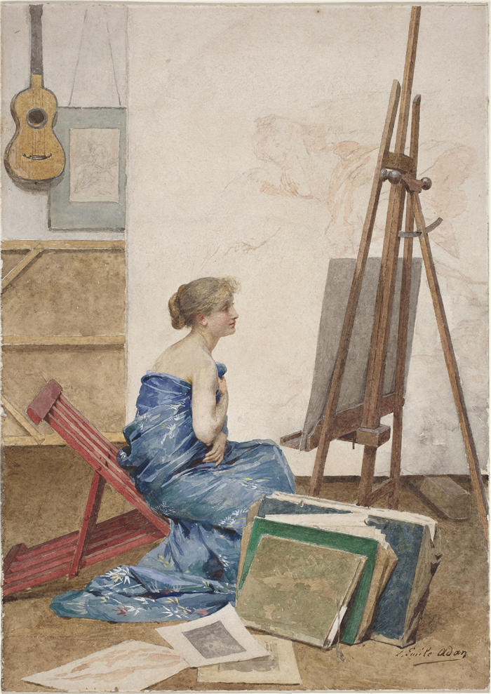 路易斯·埃米尔·阿丹（Louis Emile Adan，法国画家，1839 - 1937）作品-画家的画室，模型用日本丝绸包裹（1890年代）