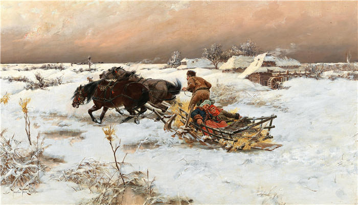 雅罗斯拉夫·维欣（Jaroslav Věšín，捷克画家）作品-冬天的雪橇之旅（1890 年）