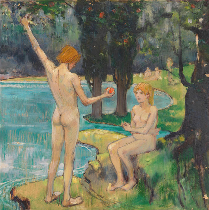 路德维希·冯·霍夫曼（Ludwig von Hofmann，德国画家）高清作品-《亚当和伊娃（天堂）（1895-1900）》