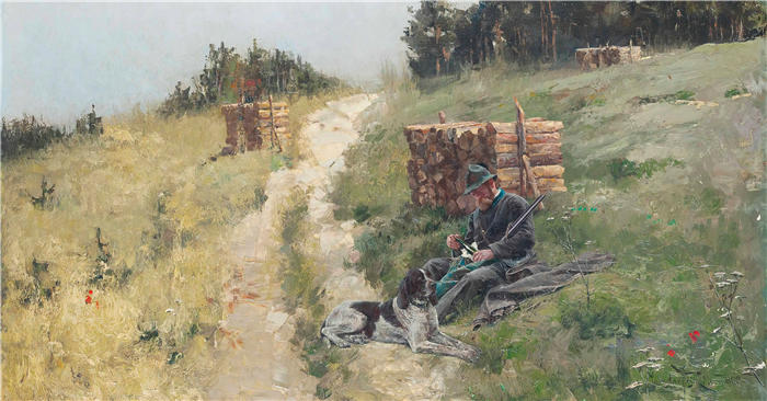 雅罗斯拉夫·维欣（Jaroslav Věšín，捷克画家）作品-一个猎人吃点心（1892）
