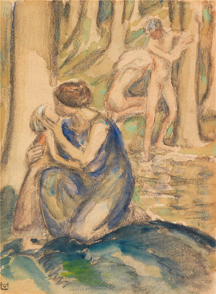 路德维希·冯·霍夫曼（Ludwig von Hofmann，德国画家）高清作品-《在森林湖边沐浴的人物（1900 年）》