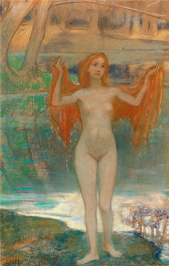 路德维希·冯·霍夫曼（Ludwig von Hofmann，德国画家）高清作品-《湖岸上的女孩（1890）》