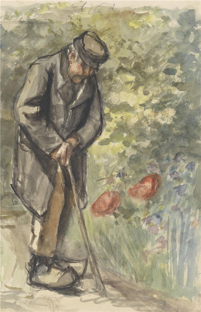 约瑟夫·以色列（Jozef Israëls，荷兰画家）作品-《老人拄着拐杖（1834 h1911）》