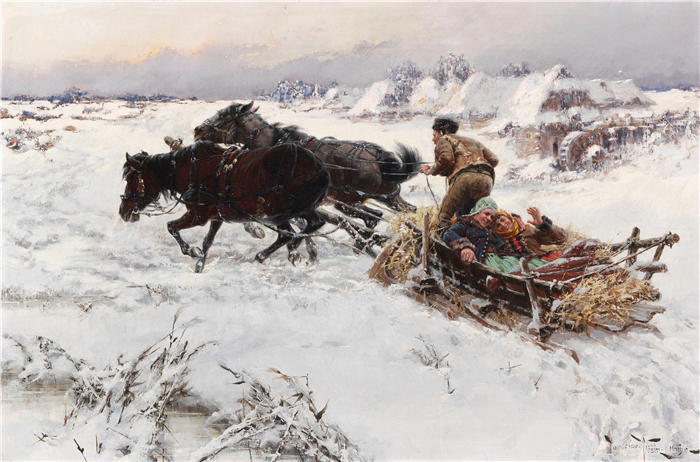 雅罗斯拉夫·维欣（Jaroslav Věšín，捷克画家）作品-Lustige Schlittenfahrt (1890)