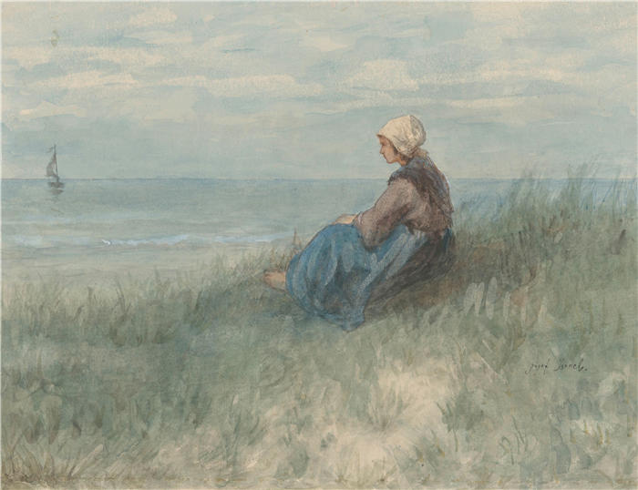约瑟夫·以色列（Jozef Israëls，荷兰画家）作品-《一名女子坐在沙丘上眺望大海（1834-1911） 》