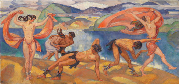 路德维希·冯·霍夫曼（Ludwig von Hofmann，德国画家）高清作品-《在广阔的风景中跳舞（1918-1924）》