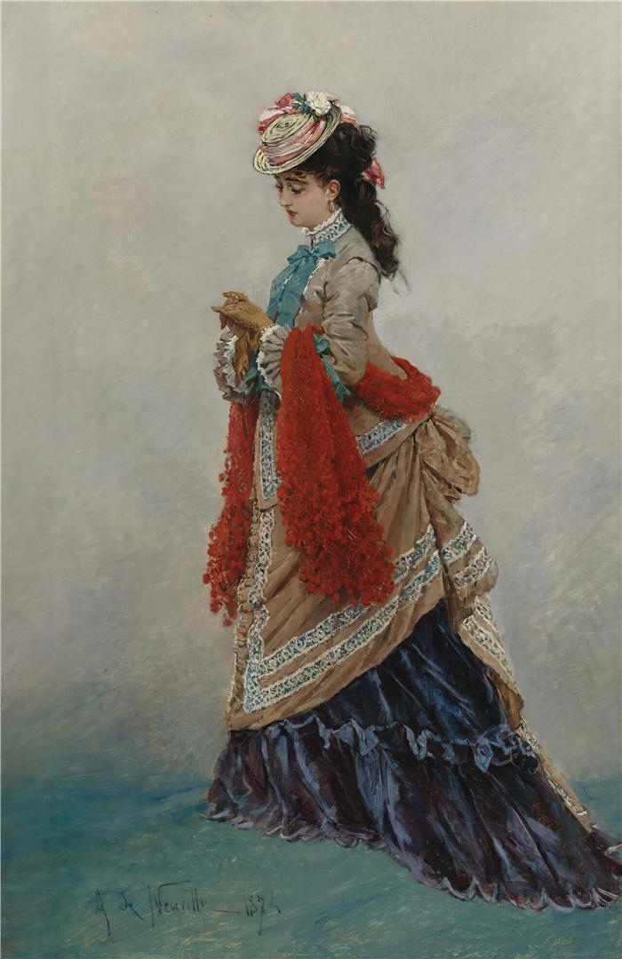 阿尔方斯·玛丽·德·诺伊维尔(Alphonse Marie De Neuville,法国画家)作品-优雅的女人 (1874)
