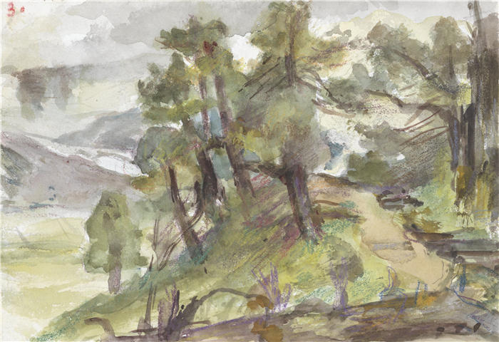 约瑟夫·以色列（Jozef Israëls，荷兰画家）作品-《树木繁茂的丘陵景观（1834-1911） 》