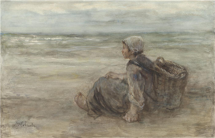 约瑟夫·以色列(Jozef Israëls,荷兰画家)作品-《海滩上的渔夫女孩(1903)》