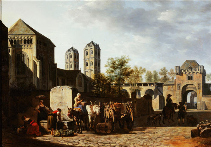 格里特·伯克海德（Gerrit Berckheyde，荷兰画家）高清作品-《科隆的公共喷泉和圣吉伦教堂（1670年）》