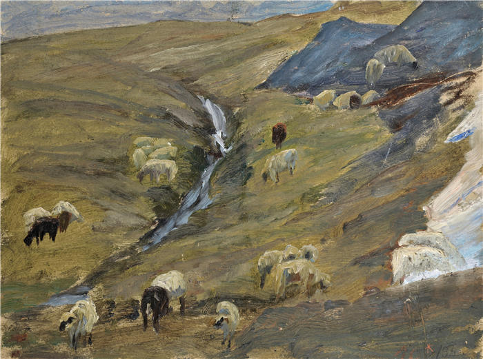 恩斯特·希斯（Ernst Schiess，瑞士画家）高清作品-《阿尔卑斯山上的羊群》