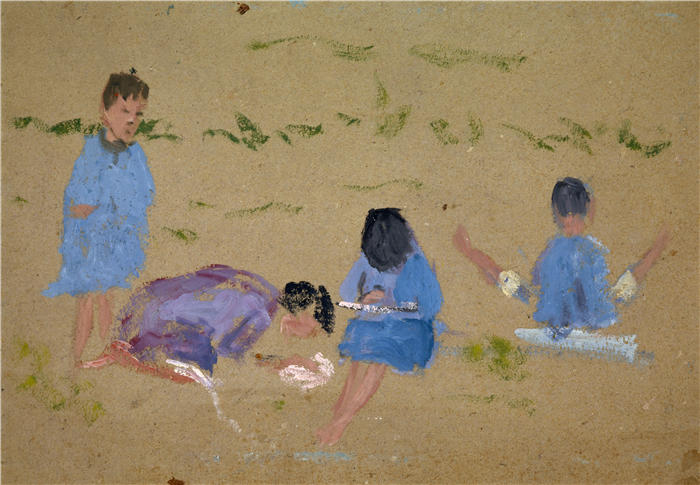 恩斯特·希斯（Ernst Schiess，瑞士画家）高清作品-《孩子们在绿色中赤脚》