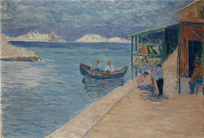 恩斯特·希斯(Ernst Schiess,瑞士画家)高清作品-《海滩与渔人旅馆(1913 年)》