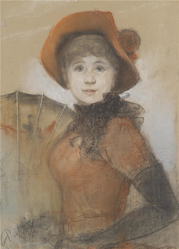 布鲁诺·皮格海因(Bruno Piglhein,德国画家,1848-1894 年)作品-一个戴着帽子和伞的女孩的肖像