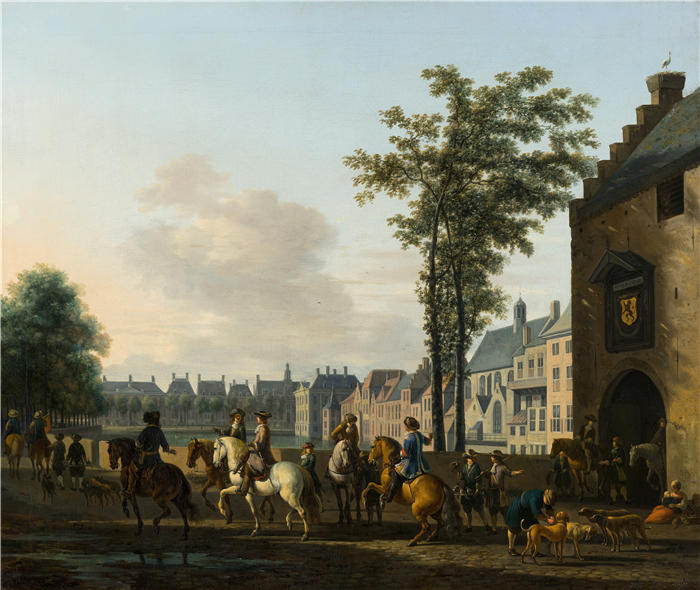 格里特·伯克海德（Gerrit Berckheyde，荷兰画家）高清作品-《从 Plaats 看到的海牙 Hofvijver 附近的狩猎派对（约 1690 年）》