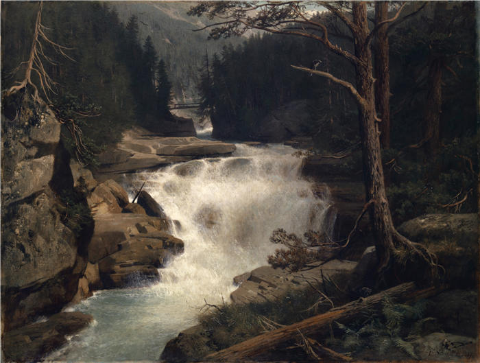 恩斯特·希斯（Ernst Schiess，瑞士画家）高清作品-《阿弗斯谷的瀑布（1867 年）》